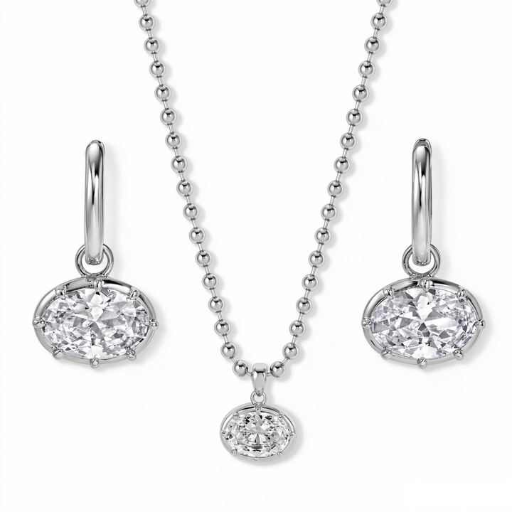S925 Silver Vintage Bezel Oval CZ Pendant & Hoop Earrings Set