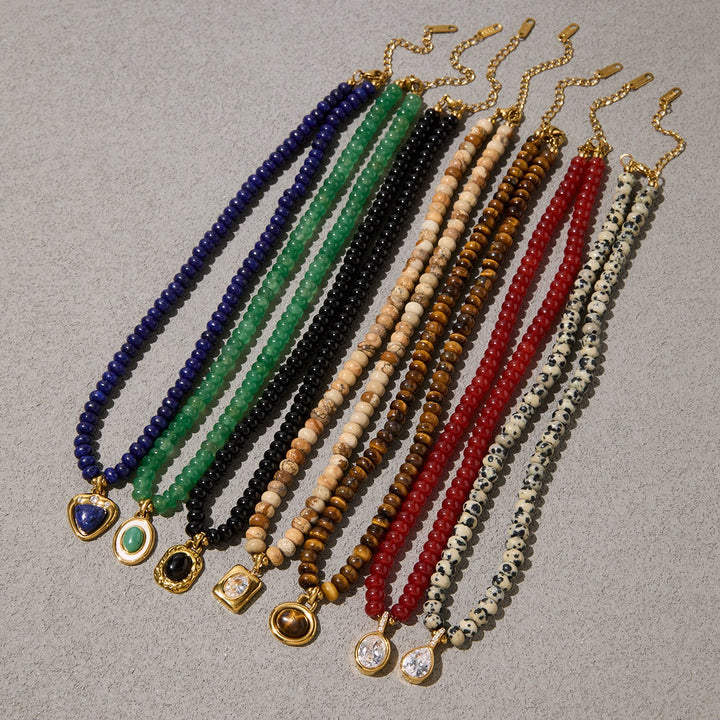 18K Gold Natural Gemstone Beaded Necklace Boho Minimalist Pendant