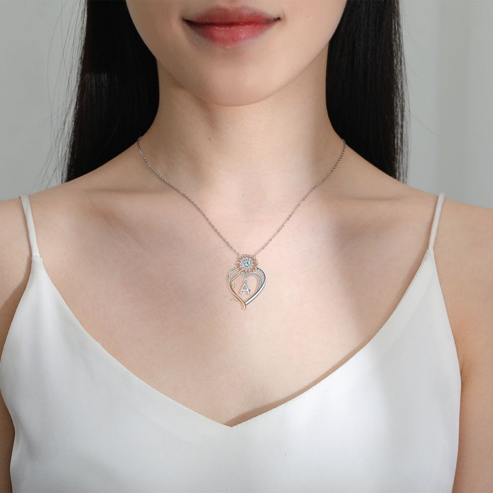 S925 Silver Sunflower Heart Initial Necklace Personalized A-Z Letter Pendant