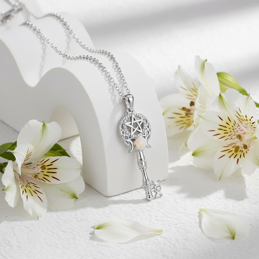 S925 Silver Opal Triple Moon Goddess Key Necklace