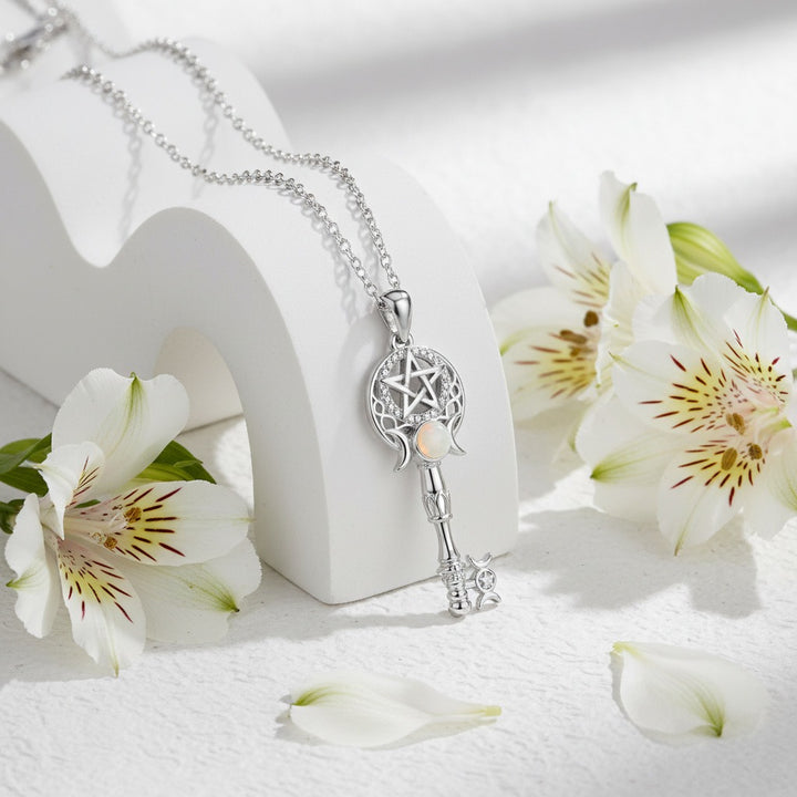 S925 Silver Opal Triple Moon Goddess Key Necklace