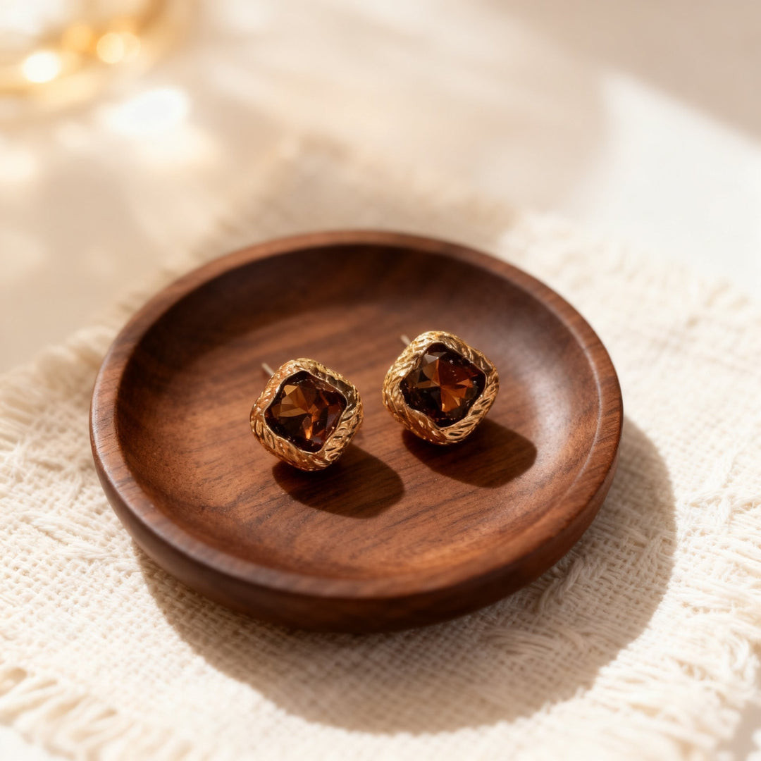 Vintage Amber Cushion Cut Stud Earrings