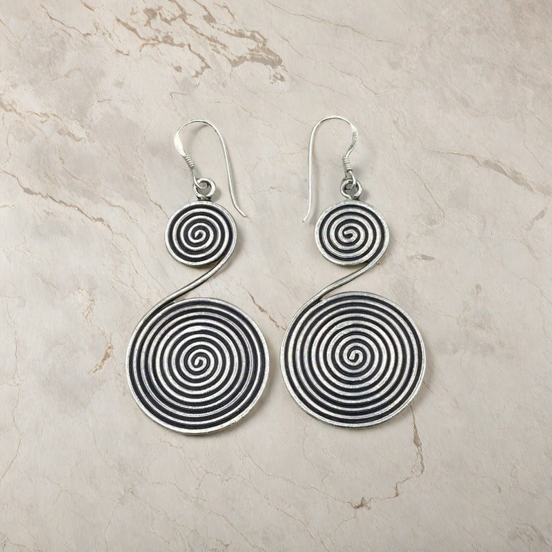 Vintage Spiral Drop Earrings Oxidized Silver-Tone Double Disc Dangle