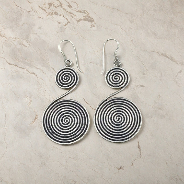 Vintage Spiral Drop Earrings Oxidized Silver-Tone Double Disc Dangle