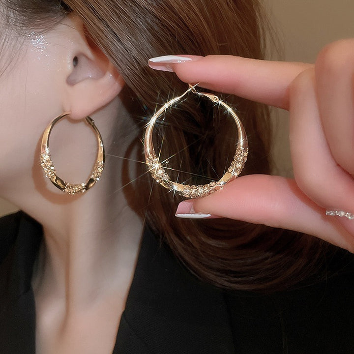 18K Gold Contrast Half-Pavé Hoop Earrings Modern Wide Band Statement Hoops