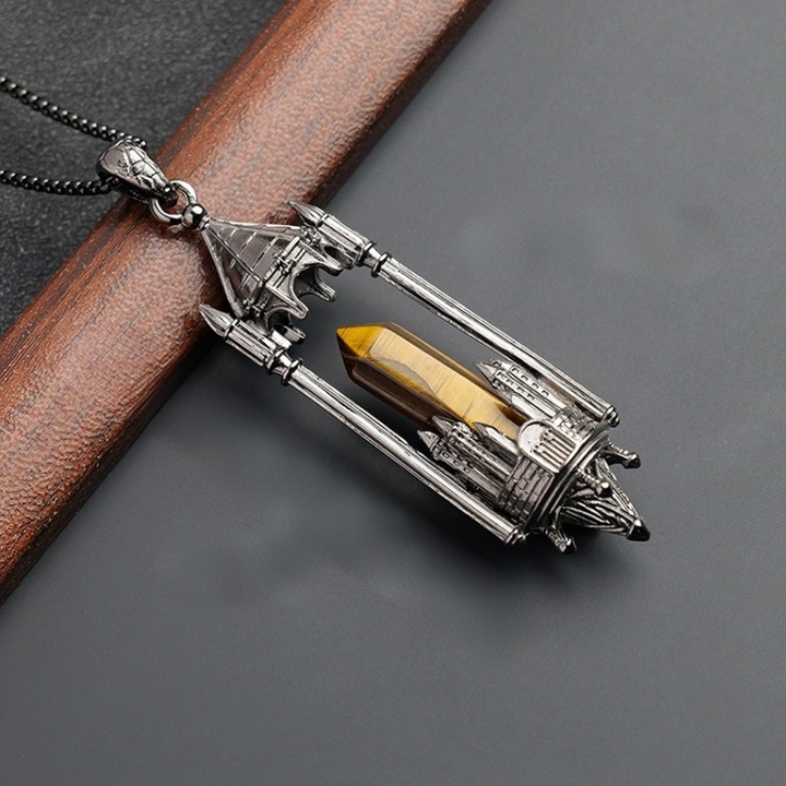 Gothic Boundary Guardian Natural Crystal Point Castle Pendant Necklace