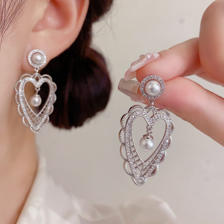 18K Gold & Silver Plated CZ Vintage Lace Heart Pearl Drop Earrings