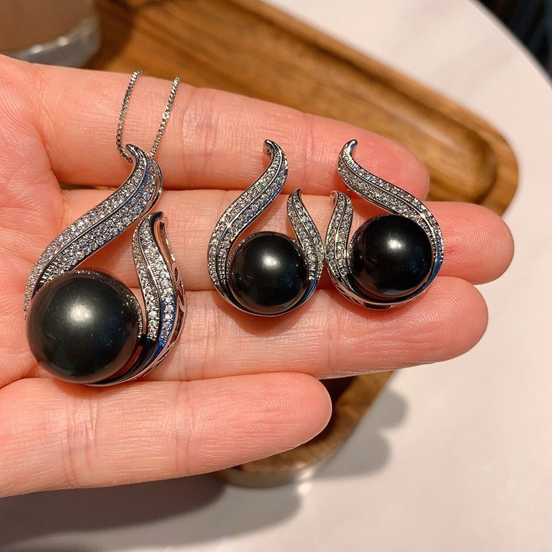 Silver Black Pearl & Pavé Streamline Necklace and Earrings Set