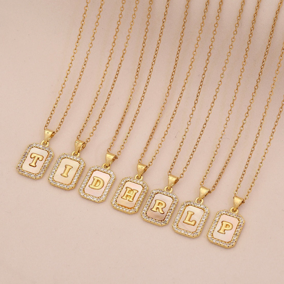 18K Gold Mother of Pearl Initial Necklace CZ Framed A-Z Square Letter Pendant
