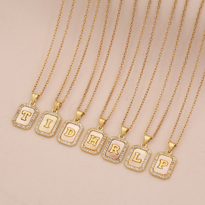 18K Gold Mother of Pearl Initial Necklace CZ Framed A-Z Square Letter Pendant