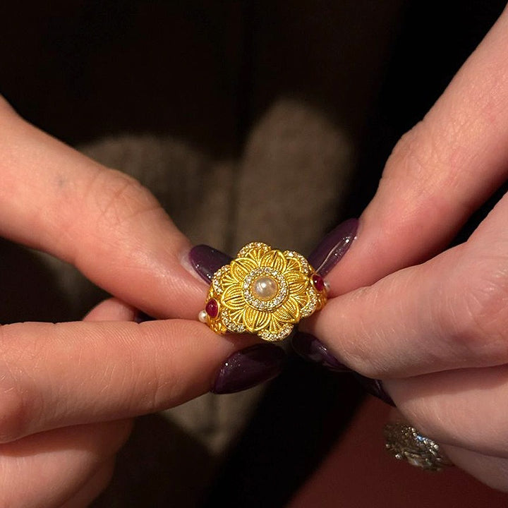 Vintage 18K Gold Plated Pearl & Ruby Floral Open Ring