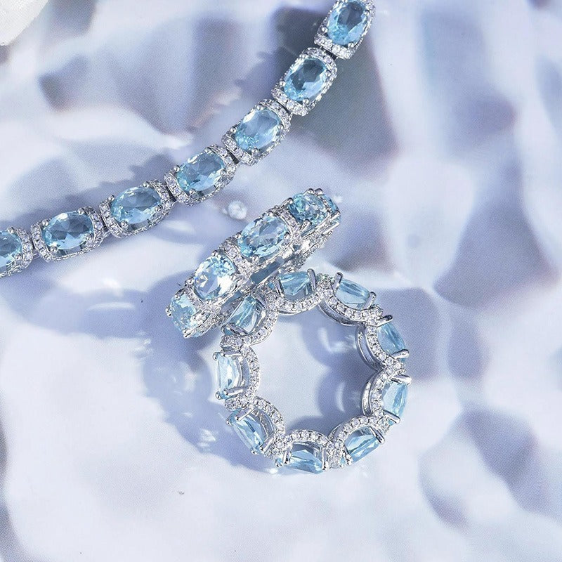 S925 Silver Light Blue Eternity Ring | Aquamarine Color CZ Band