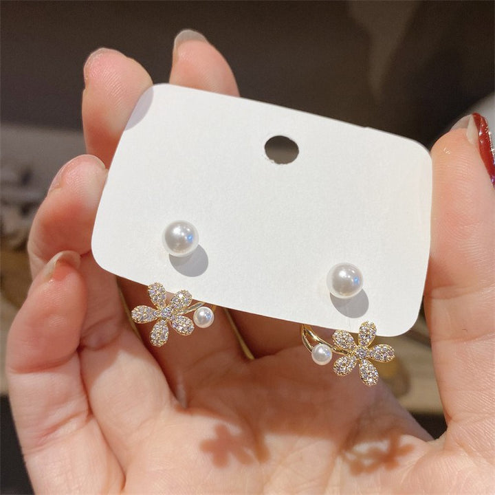 S925 Silver Floral Pearl Ear Cuff & Stud Set French Romantic Earrings