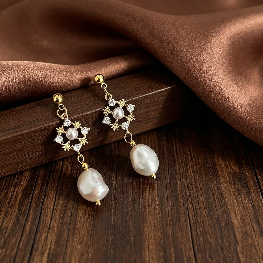 18K Gold Vintage Hollow Pearl Drop Earrings Freshwater Pearl & CZ Dangle Earrings