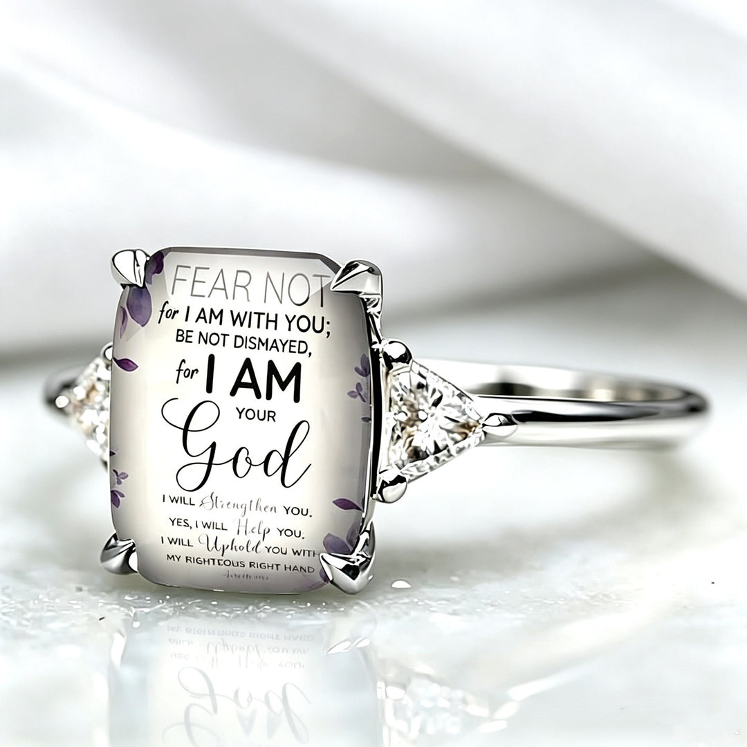 S925 Sterling Silver Bible Verse Square Ring Isaiah 41:10 Pavé Ring