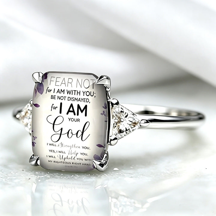 S925 Sterling Silver Bible Verse Square Ring Isaiah 41:10 Pavé Ring