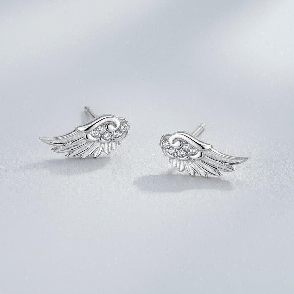 S925 Silver Angel Wing Stud Earrings 18K Gold Plated CZ Guardian Wings