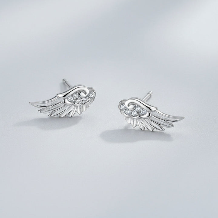 S925 Silver Angel Wing Stud Earrings 18K Gold Plated CZ Guardian Wings