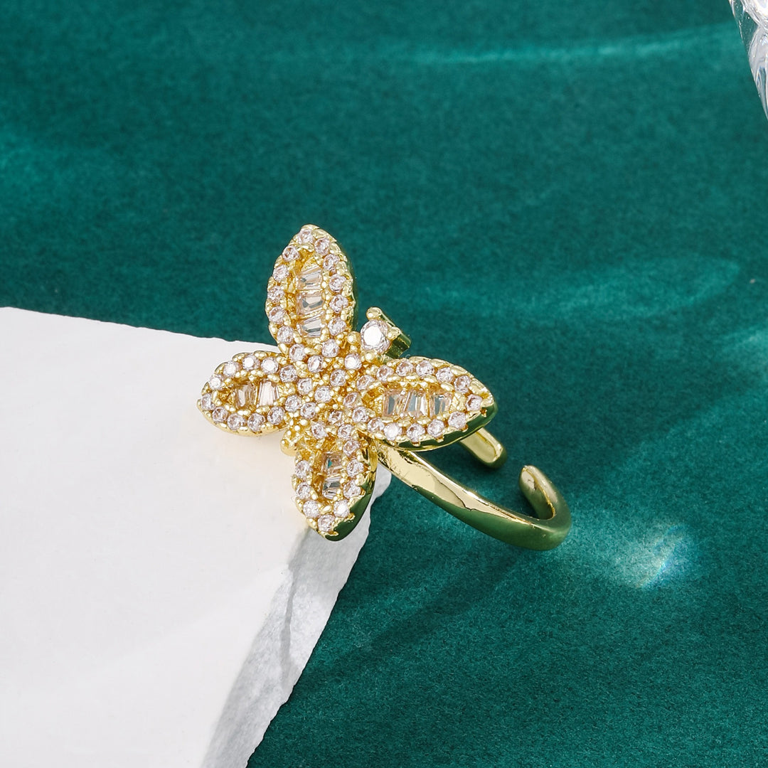 18K Gold 3D Butterfly Open Ring Luxe Pavé Adjustable Statement Ring
