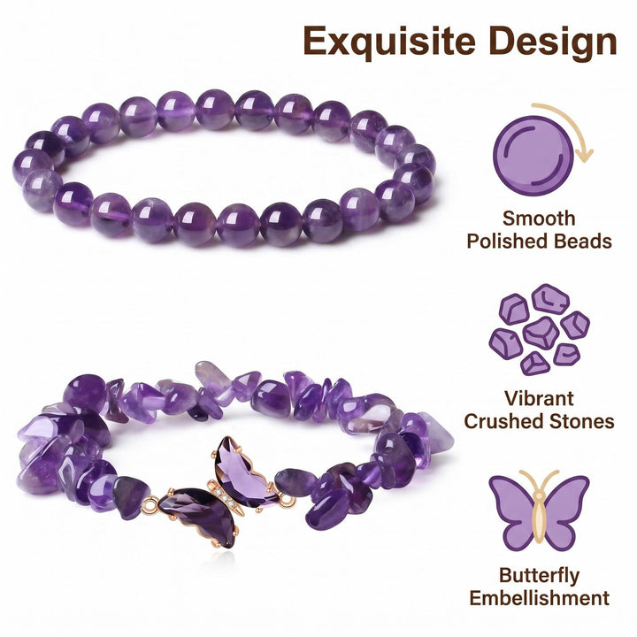 Butterfly Charm Natural Crystal Beaded & Chip Bracelet Set