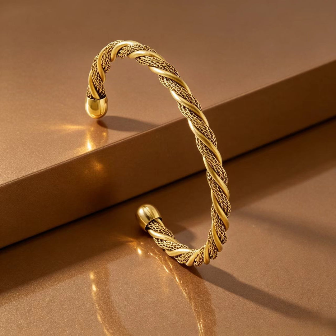 14K Gold Vintage Mesh & Twisted Bangle Classic Woven Texture Bracelet