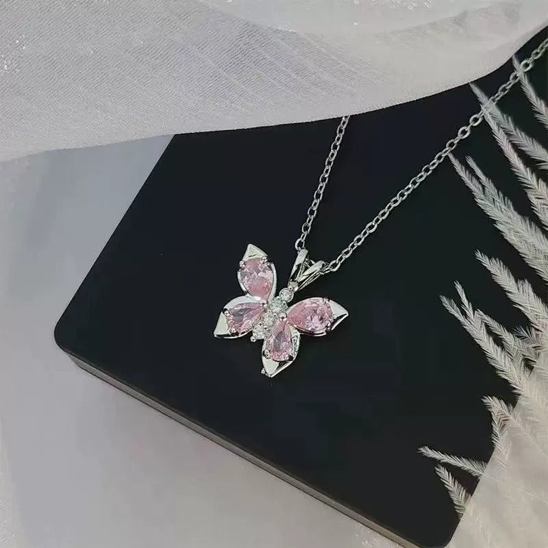 14K Gold Pink Butterfly Pendant Necklace