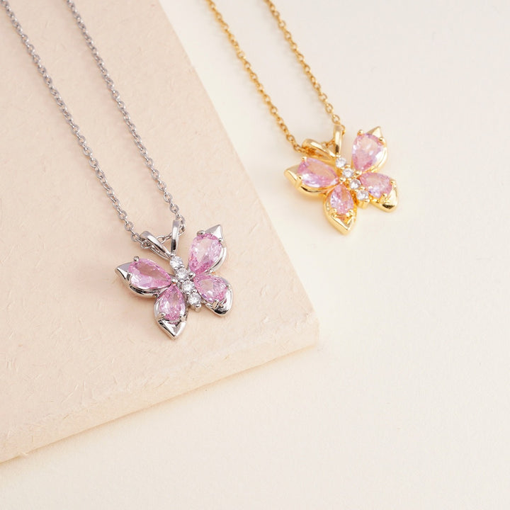 14K Gold Pink Butterfly Pendant Necklace