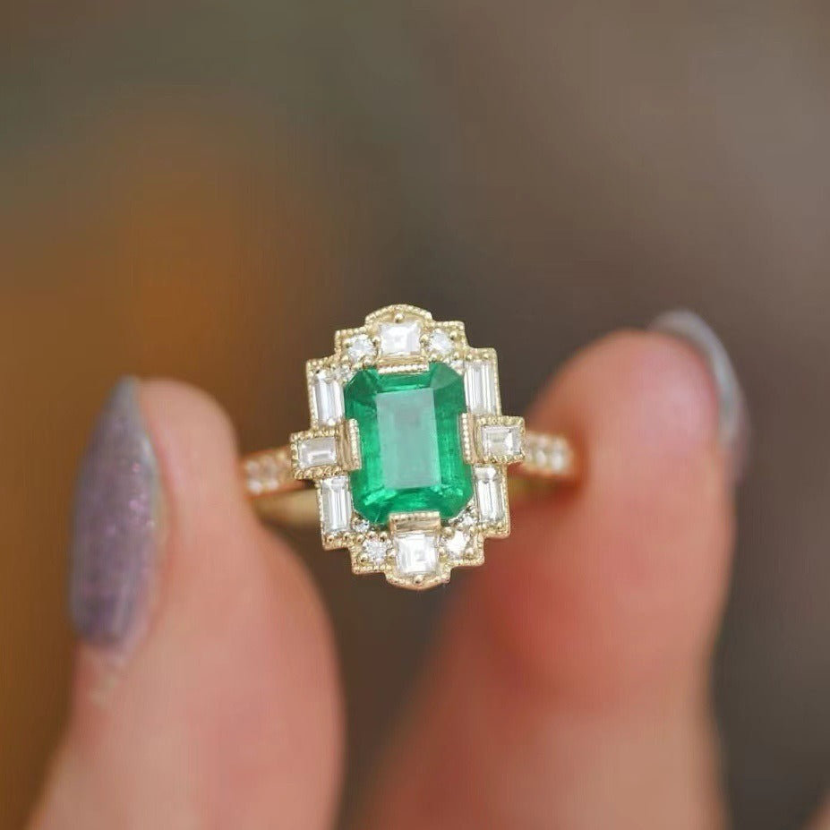 Art Deco Revival 14K Gold Emerald Cut Gemstone Ring
