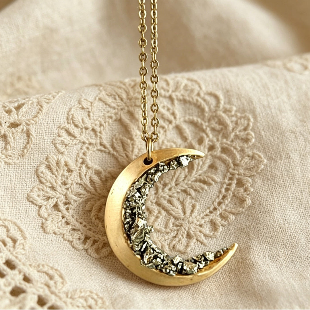 Natural Pyrite Crescent Moon Necklace