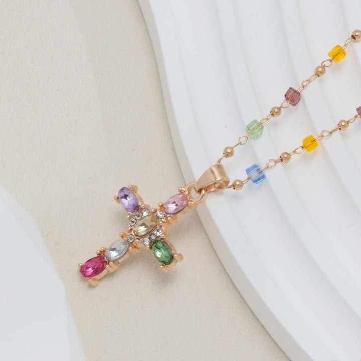 Rainbow Covenant Colorful Gemstone Cross Necklace