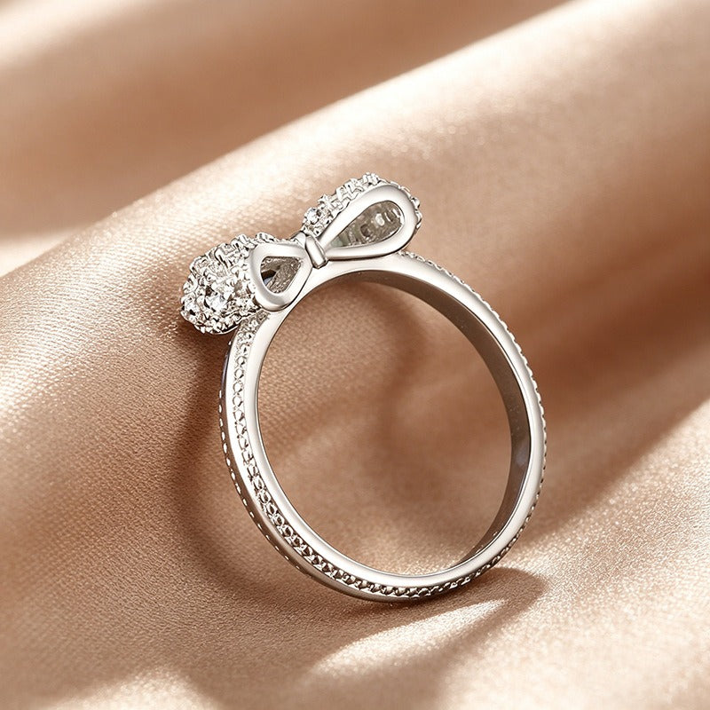 「Bow Glow」S925 Sterling Silver Platinum-Plated CZ Bow Ring