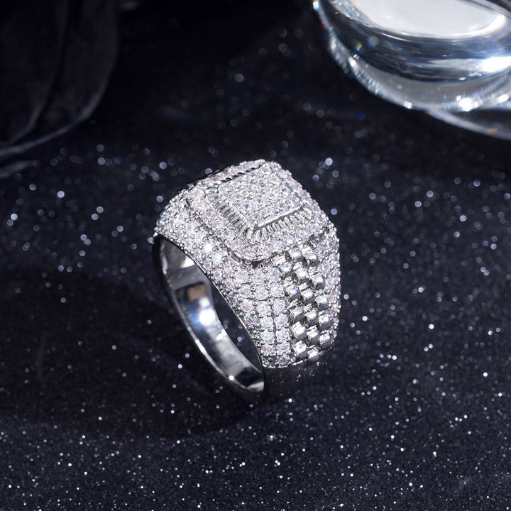 「Iced Square Signet」360° Full Pave Hip-Hop Ring