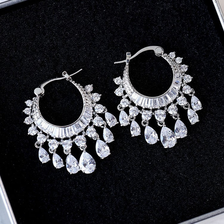 「Starfall Chandelier」Full Pave Teardrop Tassel Hoop Earrings