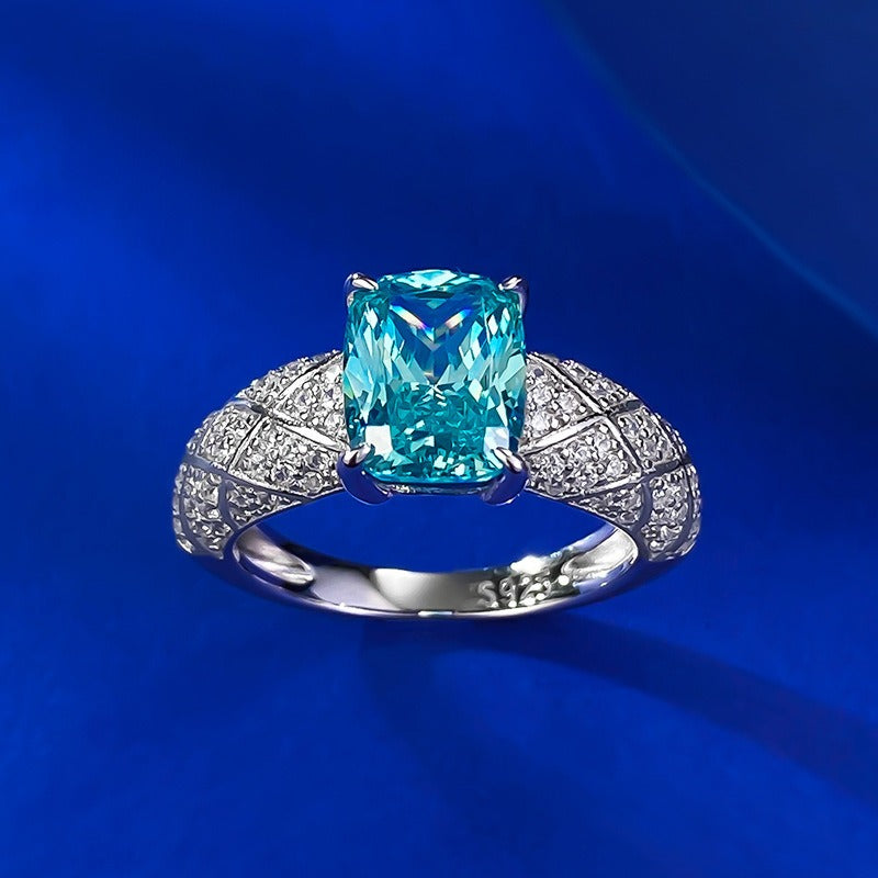 「Paraiba Dream」S925 Sterling Silver Cushion Cut Quilted Ring