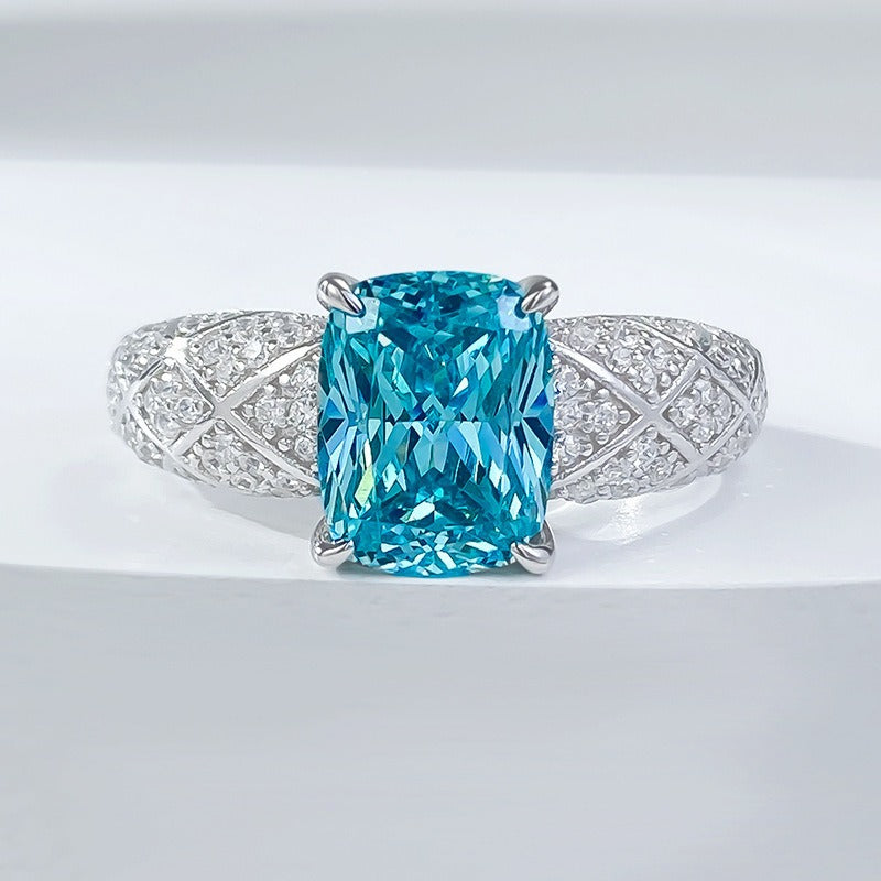 「Paraiba Dream」S925 Sterling Silver Cushion Cut Quilted Ring