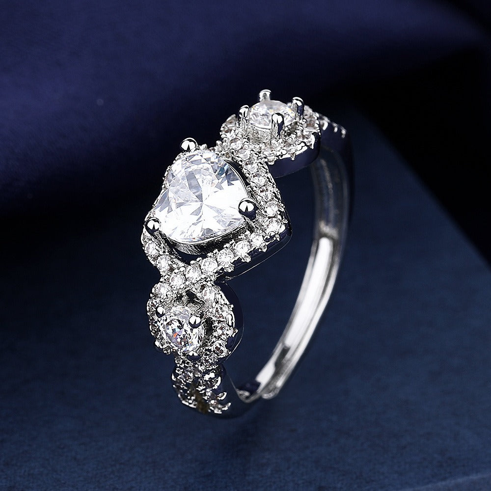 S925 Sterling Silver Three-Stone Halo Heart Ring
