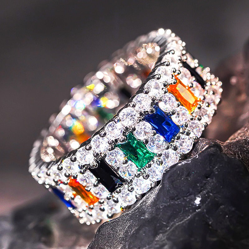 Double-Row Gemstone Pavé Wide Band Ring