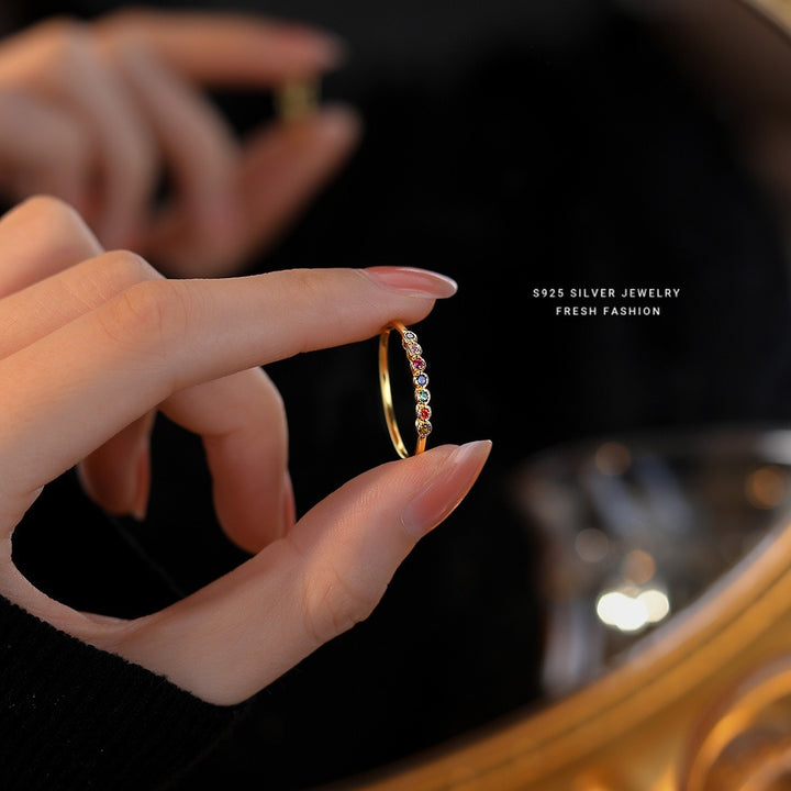 Rainbow Glimmer S925 Sterling Silver Minimalist Rainbow Band Ring