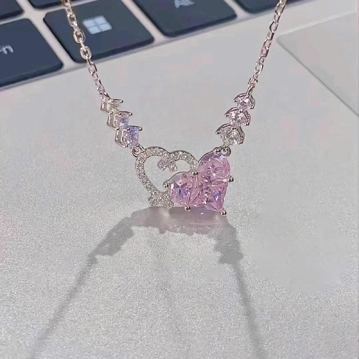 S925 Sterling Silver Double Heart Pink Diamond Choker