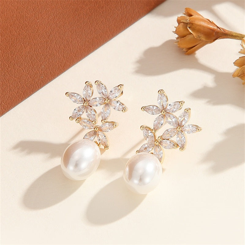 Jasmine Twin Flower 18K Gold Marquise Cut Pearl Drop Earrings