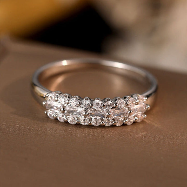 S925 Sterling Silver Platinum Plated Diamond Cluster Three-Row Band Ring