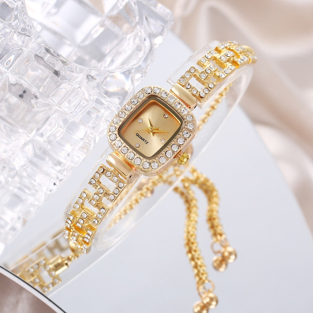 Gold-Plated Square Crystal Adjustable Quartz Bracelet Watch