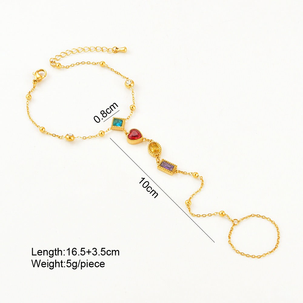 18K Gold Plated Rainbow Gemstone Hand Chain with Finger Ring