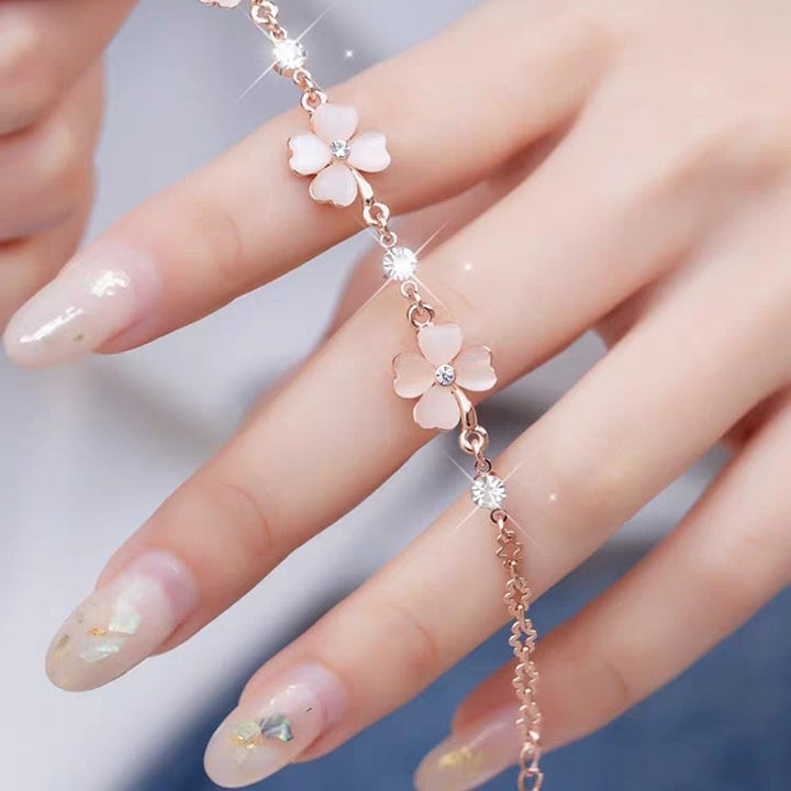 18K Rose Gold Plated Pink Enamel Four Leaf Clover Bracelet