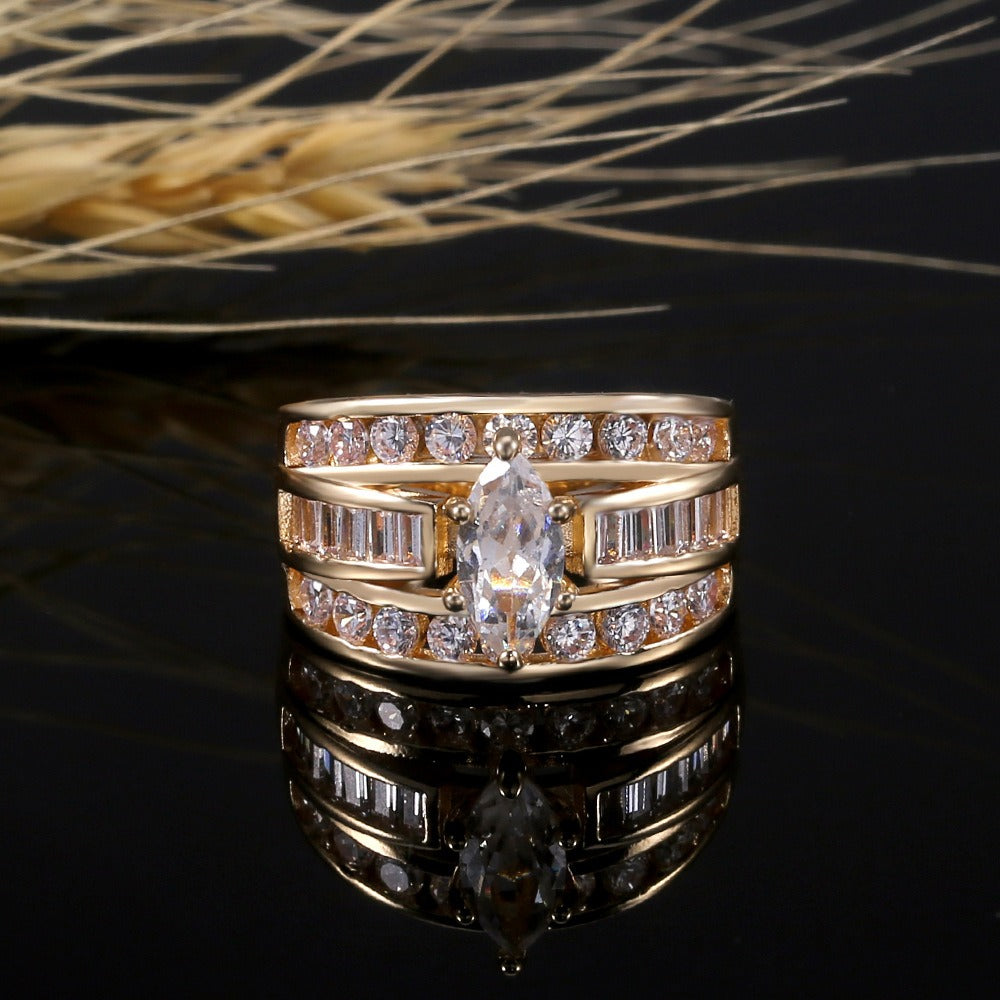 Triple Row Radiance 18K Gold Marquise Diamond Wide Band Ring Luxurious Coronation at Your Fingertips