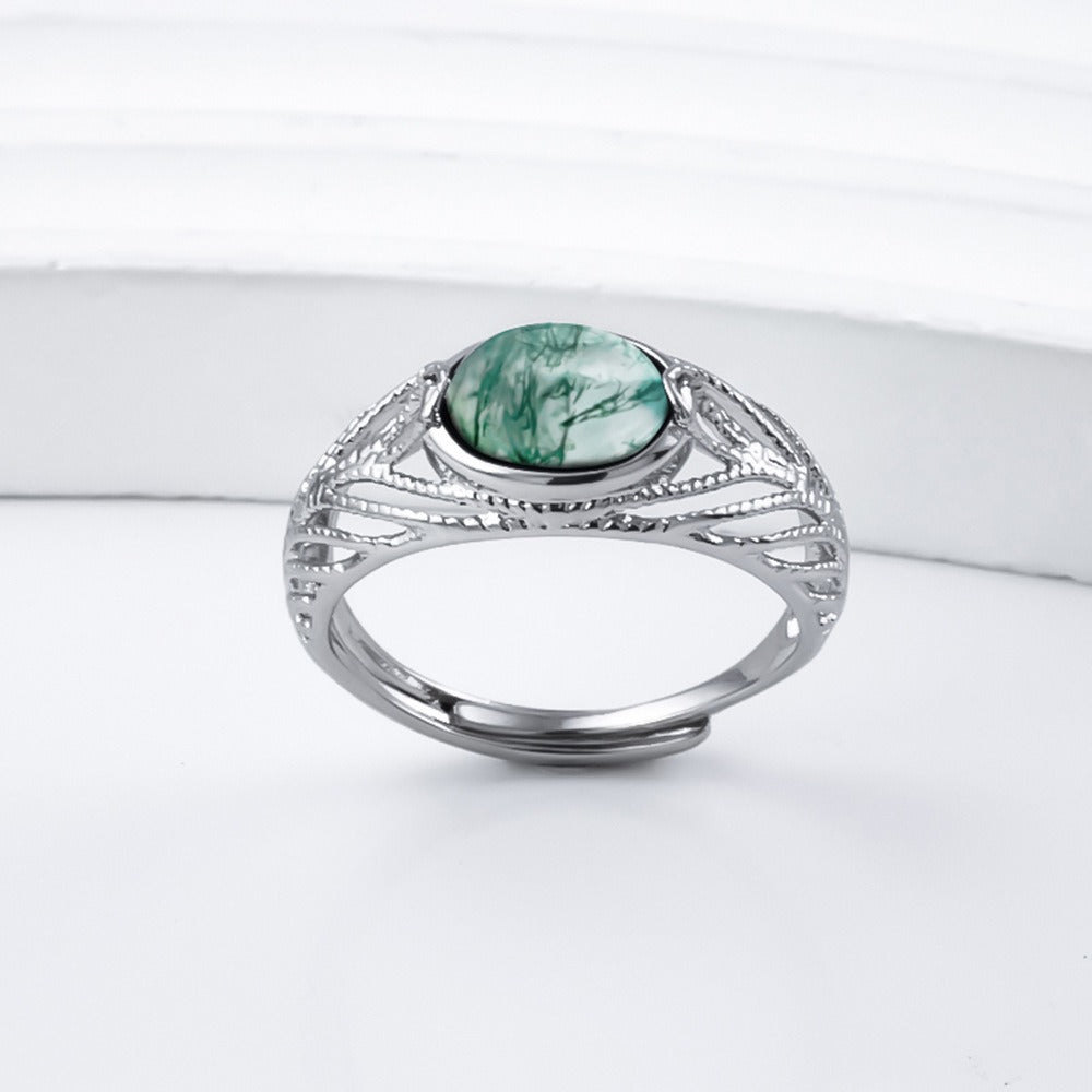 Natural Moss Agate S925 Sterling Silver Adjustable Ring