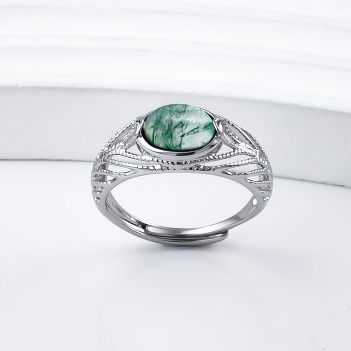 Natural Moss Agate S925 Sterling Silver Adjustable Ring