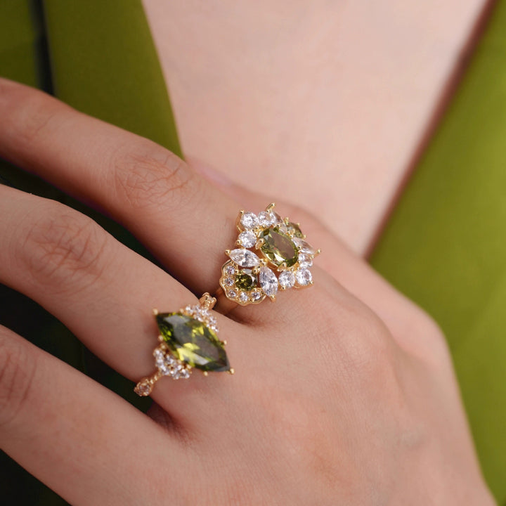 18K Gold Plated Olive Green Gemstone Ring Set of 2