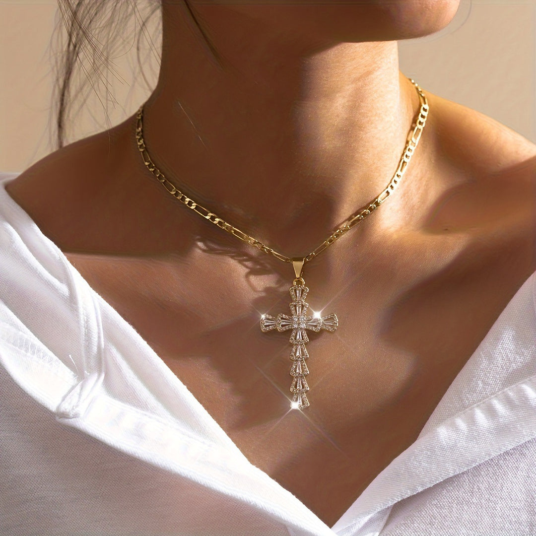 18K Gold / White Gold Baguette Cut CZ Cross Necklace
