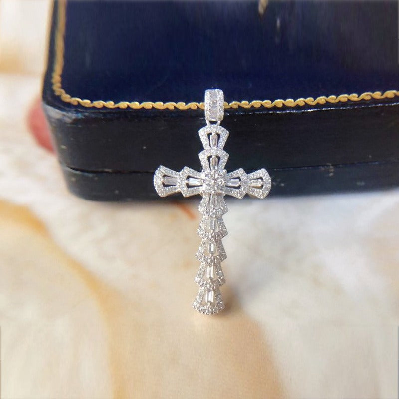 18K Gold / White Gold Baguette Cut CZ Cross Necklace